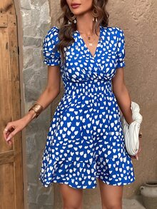 SHEIN VCAY Allover Print Puff Sleeve Dress - Blue - View 1