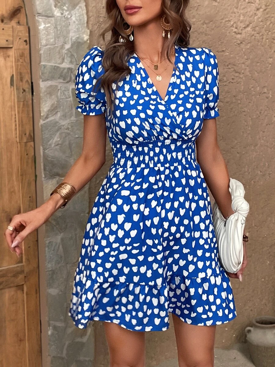 SHEIN VCAY Allover Print Puff Sleeve Dress - Blue - View 1