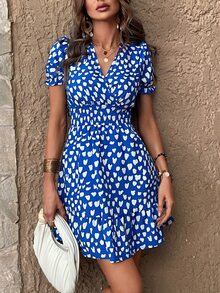 SHEIN VCAY Allover Print Puff Sleeve Dress - Blue - View 4