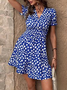 SHEIN VCAY Allover Print Puff Sleeve Dress - Blue - View 5
