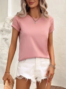 SHEIN LUNE 網眼刺繡插肩袖T恤 - 藕粉色 - 查看 5