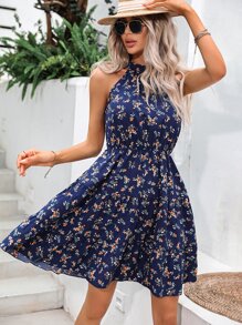 SHEIN LUNE Ditsy Floral Print Halter Neck Dress - Navy Blue - View 6