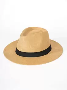 1 chiếc mũ Fedora bện rơm màu trơn cho nam, mũ chống nắng thoáng khí dành cho người trung niên và người cao tuổi - Màu Khaki - Xem 1