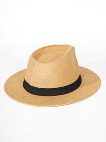 1 chiếc mũ Fedora bện rơm màu trơn cho nam, mũ chống nắng thoáng khí dành cho người trung niên và người cao tuổi - Màu Khaki - Xem 2