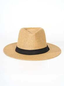 1 chiếc mũ Fedora bện rơm màu trơn cho nam, mũ chống nắng thoáng khí dành cho người trung niên và người cao tuổi - Màu Khaki - Xem 3