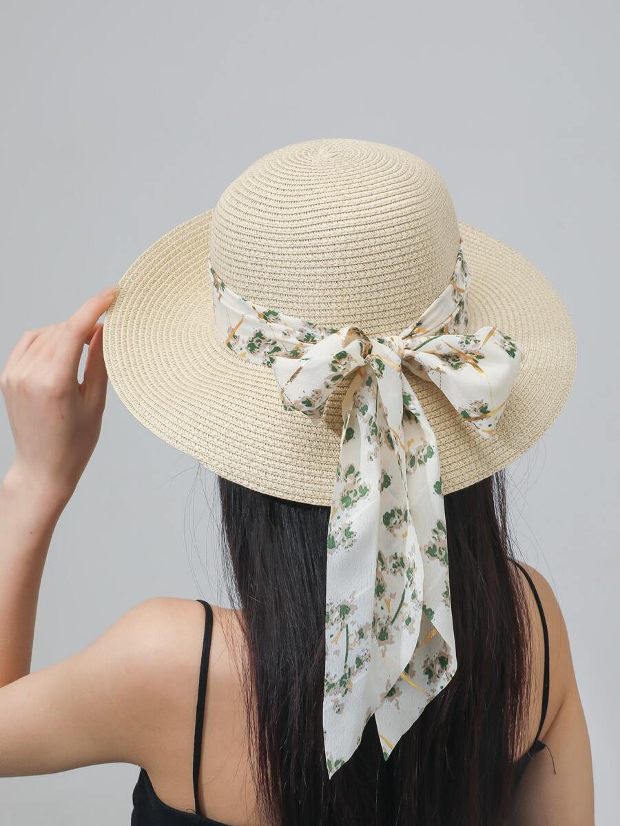 Floral Print Skinny Scarf Decor Straw Hat - Beige - View 1