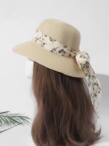 Floral Print Skinny Scarf Decor Straw Hat - Beige - View 2