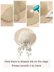 Floral Print Skinny Scarf Decor Straw Hat - Beige - View 3