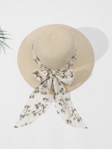 Floral Print Skinny Scarf Decor Straw Hat - Beige - View 4
