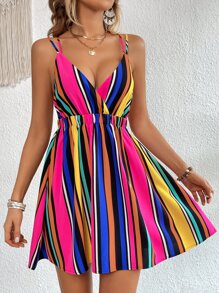 SHEIN VCAY Đầm Lộ Lưng Hội Chữ thập sọc cầu vồng Boho - Nhiều màu - Xem 2