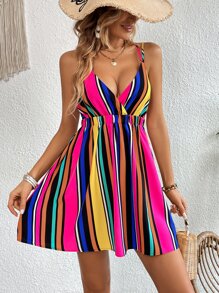 SHEIN VCAY Đầm Lộ Lưng Hội Chữ thập sọc cầu vồng Boho - Nhiều màu - Xem 3