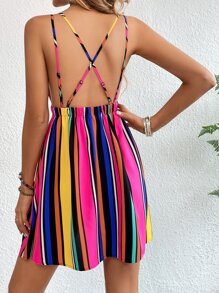 SHEIN VCAY Đầm Lộ Lưng Hội Chữ thập sọc cầu vồng Boho - Nhiều màu - Xem 5