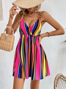 SHEIN VCAY Đầm Lộ Lưng Hội Chữ thập sọc cầu vồng Boho - Nhiều màu - Xem 6