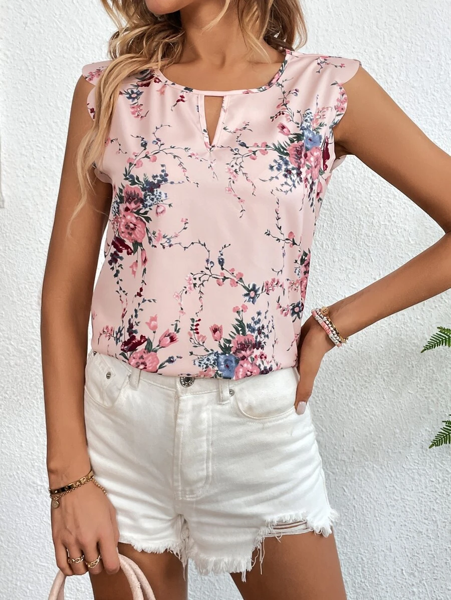 SHEIN Clasi Floral Print Keyhole Neckline Scallop Trim Blouse - Multicolor - View 1