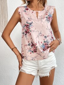 SHEIN Clasi Floral Print Keyhole Neckline Scallop Trim Blouse - Multicolor - View 5