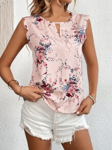 SHEIN Clasi Floral Print Keyhole Neckline Scallop Trim Blouse - Multicolor - View 6