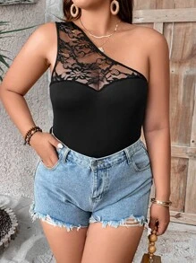 Calvaya 大碼蕾絲拼接單肩上衣 - 黑色 - 查看 4