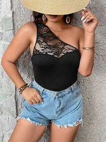 Calvaya 大碼蕾絲拼接單肩上衣 - 黑色 - 查看 6