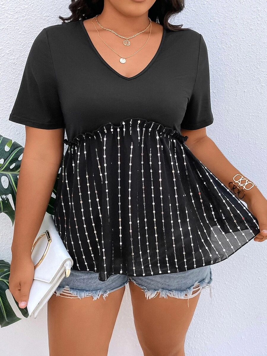 SHEIN LUNE Plus Sequins Detail Peplum Top - Black - View 1