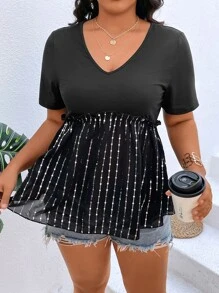 SHEIN LUNE Plus Sequins Detail Peplum Top - Black - View 3