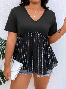 SHEIN LUNE Plus Sequins Detail Peplum Top - Black - View 4