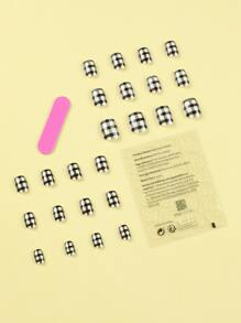 Transform Your Nails with 24pcs Short Square Black And White Plaid Pattern Fake Nail & 1pc Nail File & 1sheet Tape - Multicolor - View 2