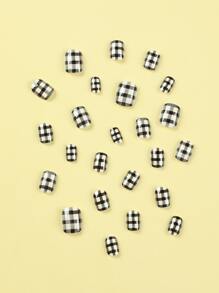 Transform Your Nails with 24pcs Short Square Black And White Plaid Pattern Fake Nail & 1pc Nail File & 1sheet Tape - Multicolor - View 4