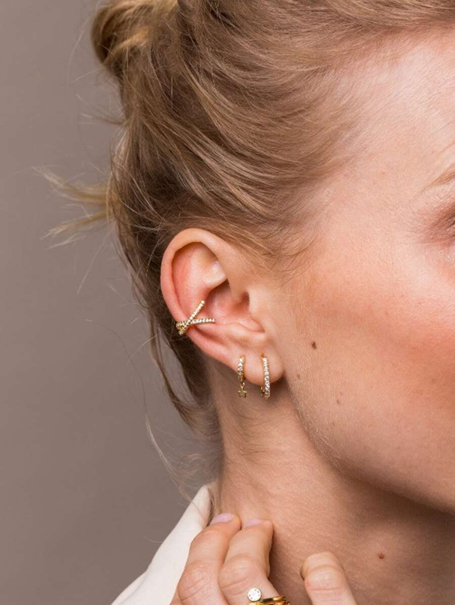 Cubic Zirconia Decor Silver Hoop Earrings For Women Bridal Wedding Fine Jewelry - Yellow Gold - View 1