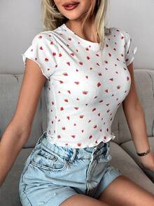 EURMUSE Camiseta crop con estampado de sandía ribete en forma de lechuga - Blanco - Ver 4