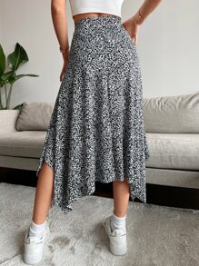 EURMUSE Allover Floral Print Asymmetrical Hem Skirt - Black and White - View 2