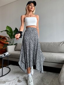 EURMUSE Allover Floral Print Asymmetrical Hem Skirt - Black and White - View 5