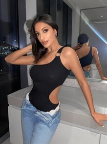 Cottnline One Shoulder O-ring Detail Cut Out Waist Bodysuit - Black - View 1