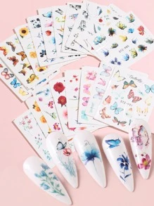 FULL BEAUTY 18張花和蝴蝶印花指甲水貼花 - 彩色 - 查看 1