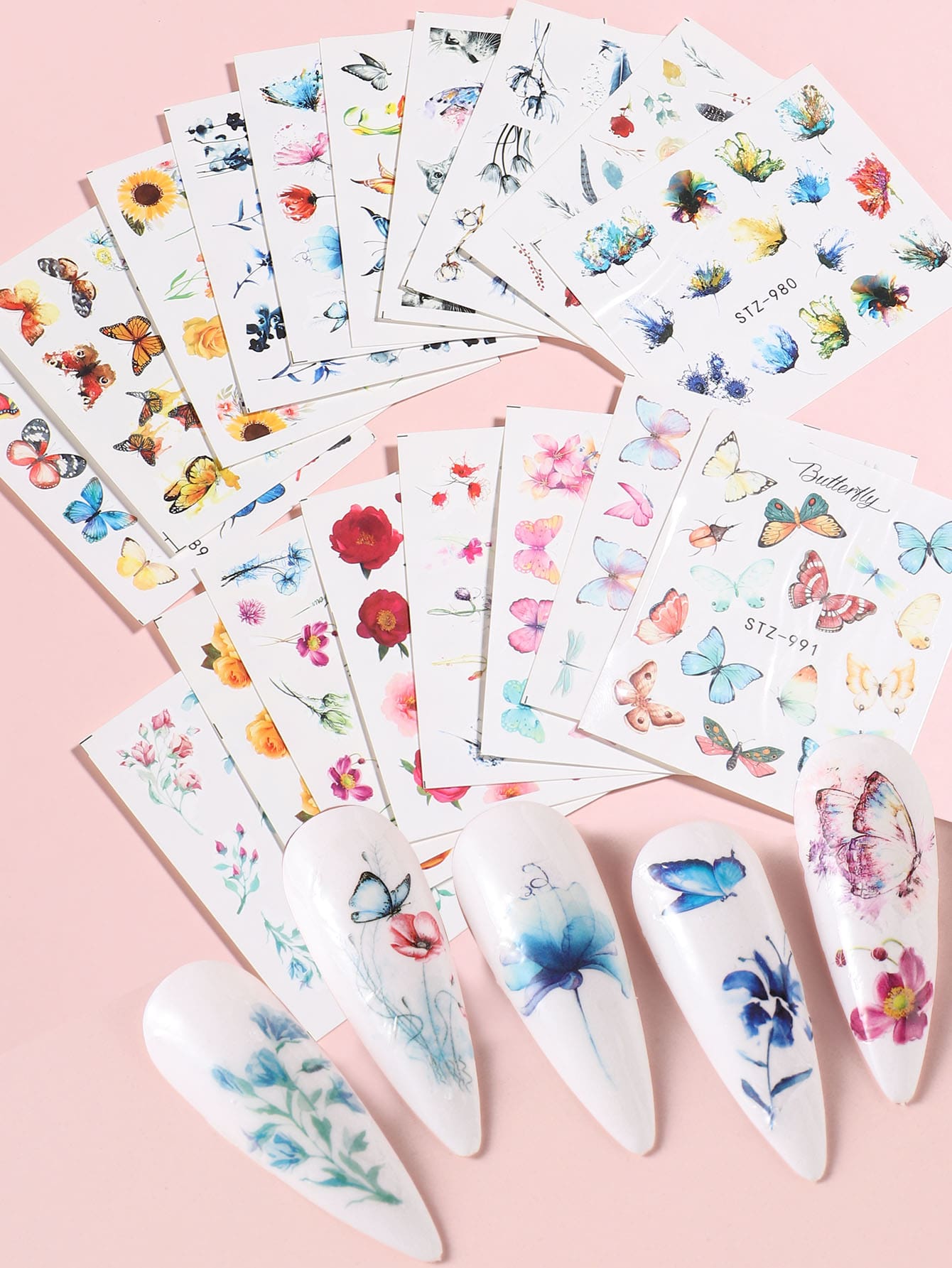 FULL BEAUTY 18張花和蝴蝶印花指甲水貼花 - 彩色 - 查看 1