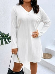 SHEIN LUNE Vestido estilo camiseta unicolor de cuello V - Blanco - Ver 5