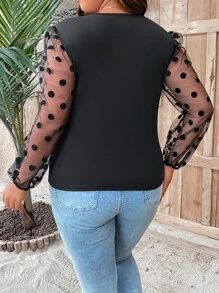 SHEIN LUNE Plus Contrast Dobby Mesh Lantern Sleeve Top - Black - View 2