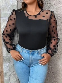 SHEIN LUNE Plus Contrast Dobby Mesh Lantern Sleeve Top - Black - View 3