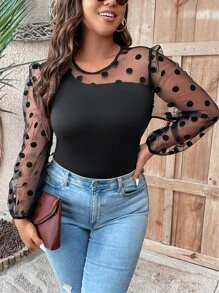 SHEIN LUNE Plus Contrast Dobby Mesh Lantern Sleeve Top - Black - View 5