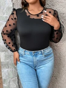 SHEIN LUNE Plus Contrast Dobby Mesh Lantern Sleeve Top - Black - View 6