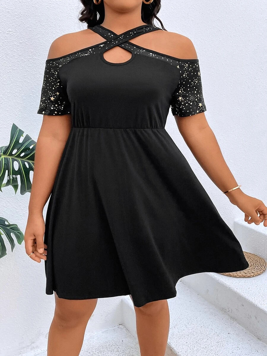 SHEIN LUNE Plus Star Print Crisscross Cold Shoulder Dress - Black - View 1