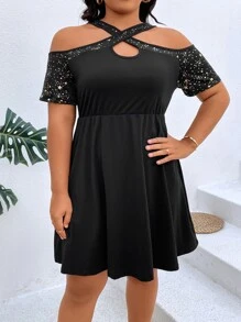 SHEIN LUNE Plus Star Print Crisscross Cold Shoulder Dress - Black - View 5