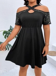 SHEIN LUNE Plus Star Print Crisscross Cold Shoulder Dress - Black - View 3