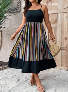 SHEIN LUNE Plus Geo Print Ruffle Hem Cami Dress