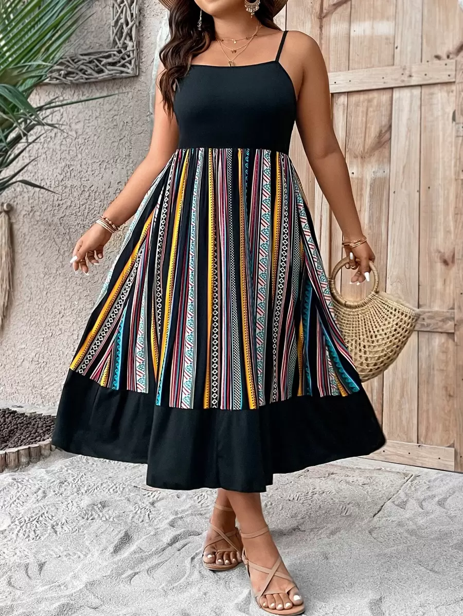 SHEIN LUNE Plus Geo Print Ruffle Hem Cami Dress