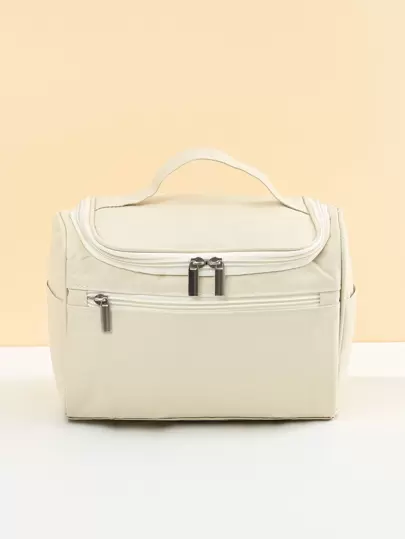 1pc Beige Oxford Cloth Portable Travel Large Capacity Stylish And Simple With Storage Makeup Bag For Women Girls Storage Makeup Organizer Makeup Case,Gifts For Women,Christmas Gifts,Gift Ideas For Women,Pouch,Makeup Pouch,Travel Essential