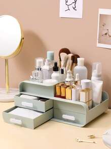 大容量化妝品收納盒，1入組帶3入組抽屜化妝品收納盒，檯面化妝品收納盒，唇膏梳妝台，刷子，乳液，眼影，指甲油和珠寶，梳妝台桌面收納架，浴室，梳妝台綠色 - 綠色 - 查看 1