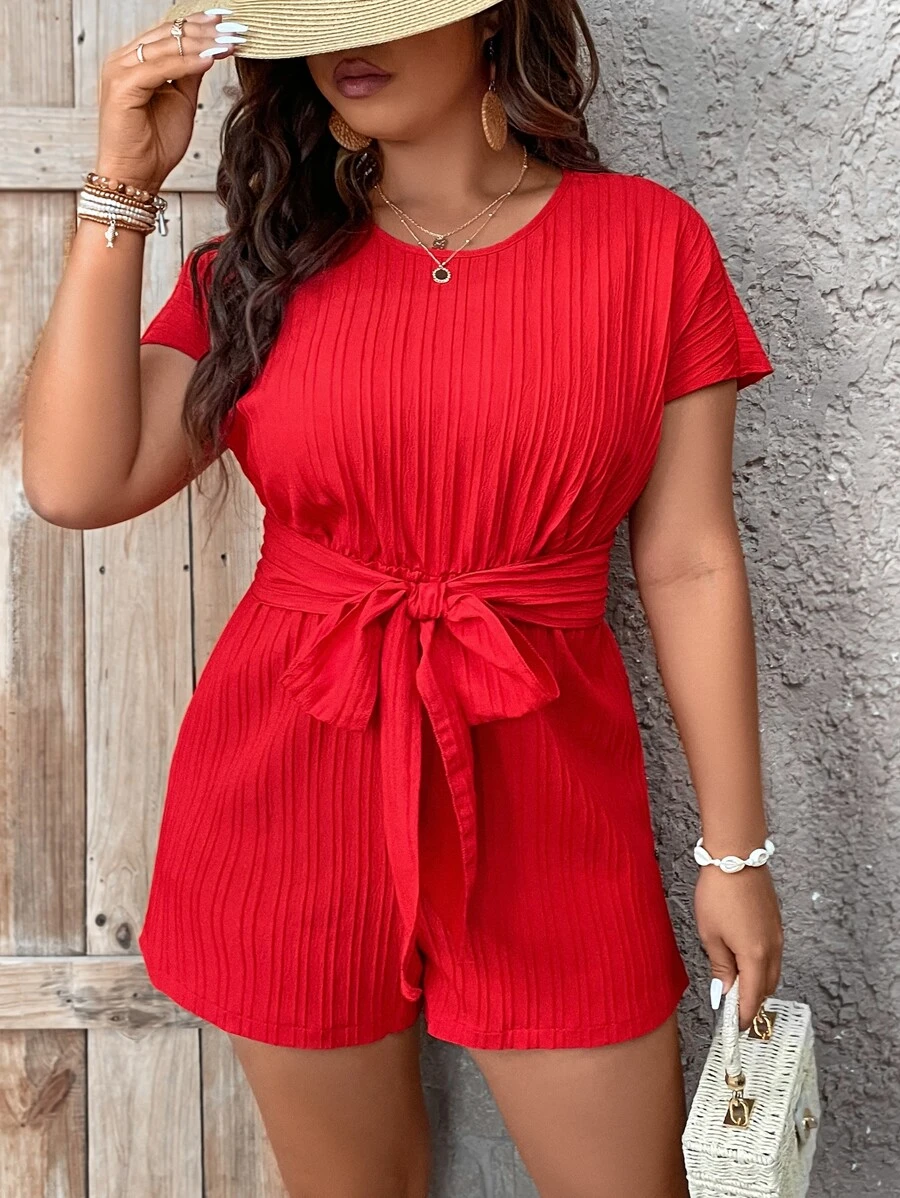 SHEIN Holidaya 大碼素色腰帶連身短褲 - 紅色 - 查看 1