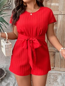 SHEIN Holidaya 大碼素色腰帶連身短褲 - 紅色 - 查看 4