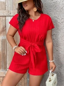 SHEIN Holidaya 大碼素色腰帶連身短褲 - 紅色 - 查看 6