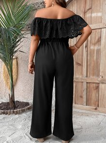 SHEIN Clasi Jumpsuits Plus Size Xù Tranh thêu màu trơn Giải trí - màu đen - Xem 2